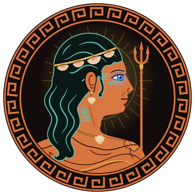 Goddess of the Sea, painted red-figure: sea-teal curls, a crown of shells and a trident.