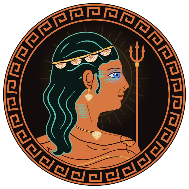 Goddess of the Sea, painted red-figure: sea-teal curls, a crown of shells and a trident.